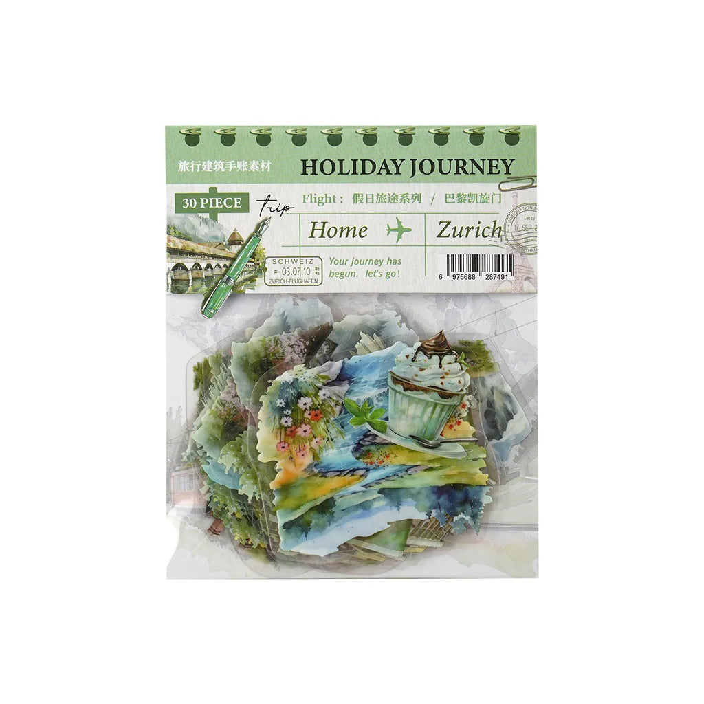 Holiday Journey Series architecture journal stickers with retro illustrations of seven famous landmarks