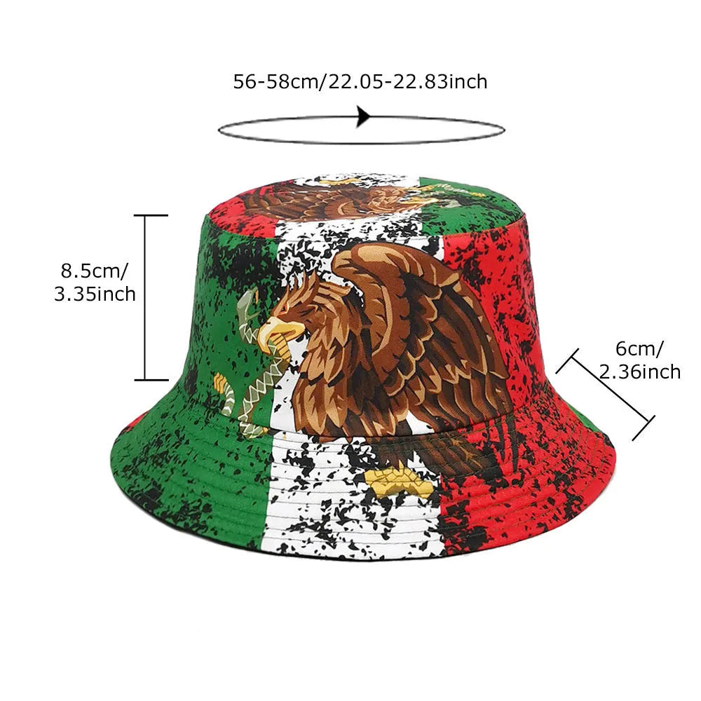 Eagle pattern retro bucket hat with dome crown on a neutral background.