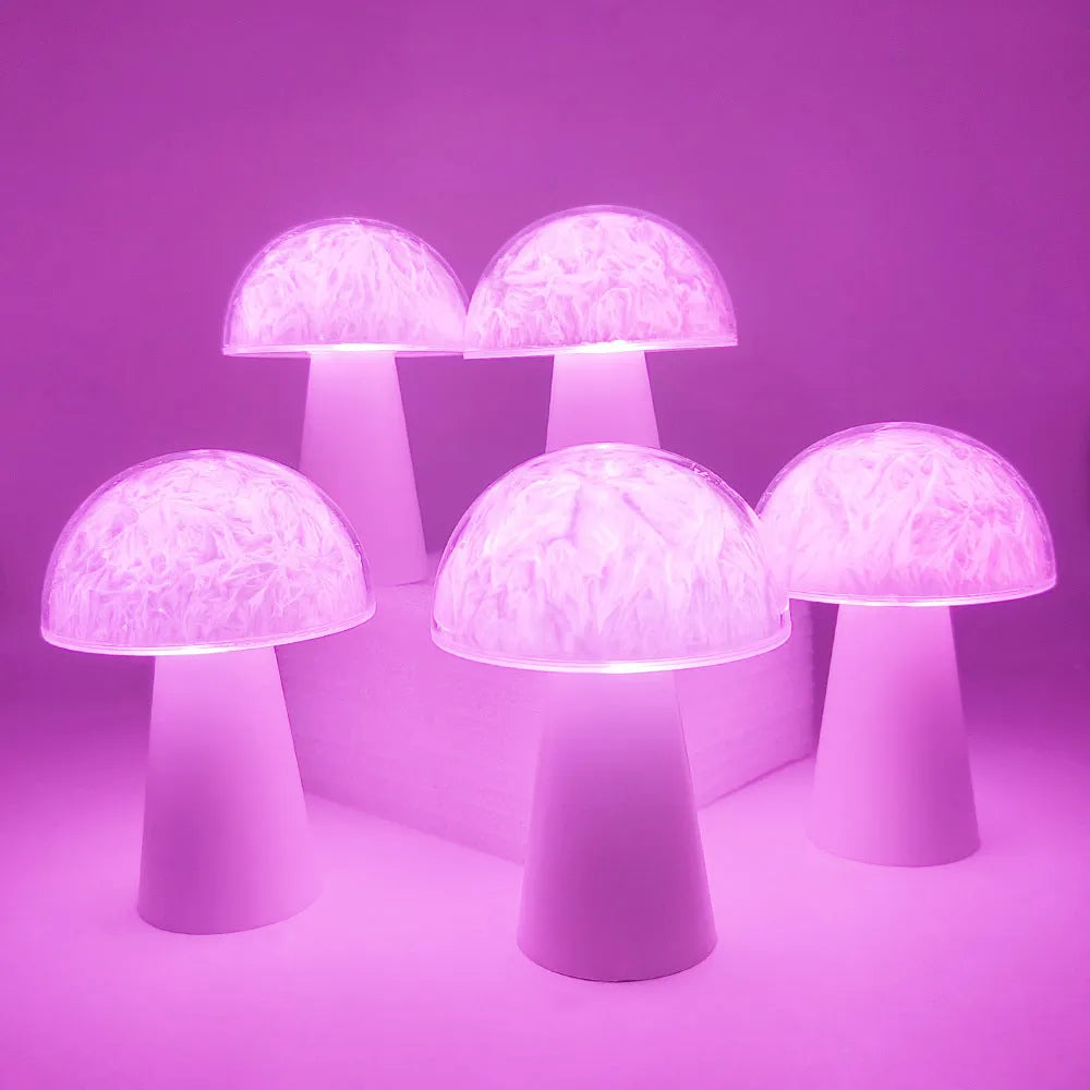 Mushroom-shaped remote control ambience light with colourful RGB lighting on wooden surface