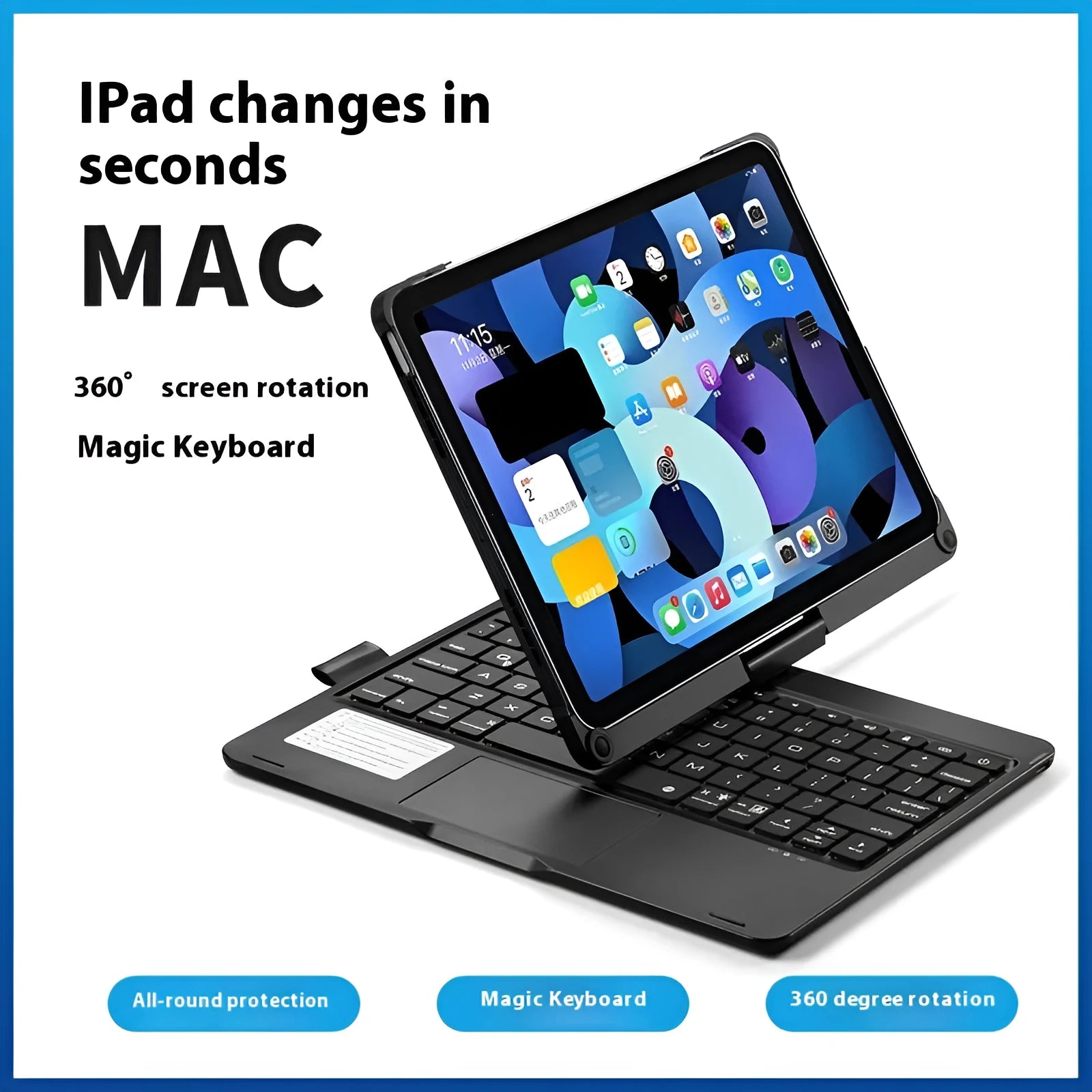 Miaocontrol rotating Bluetooth keyboard attached to iPad showing 360-degree hinge adjustment with touch keys