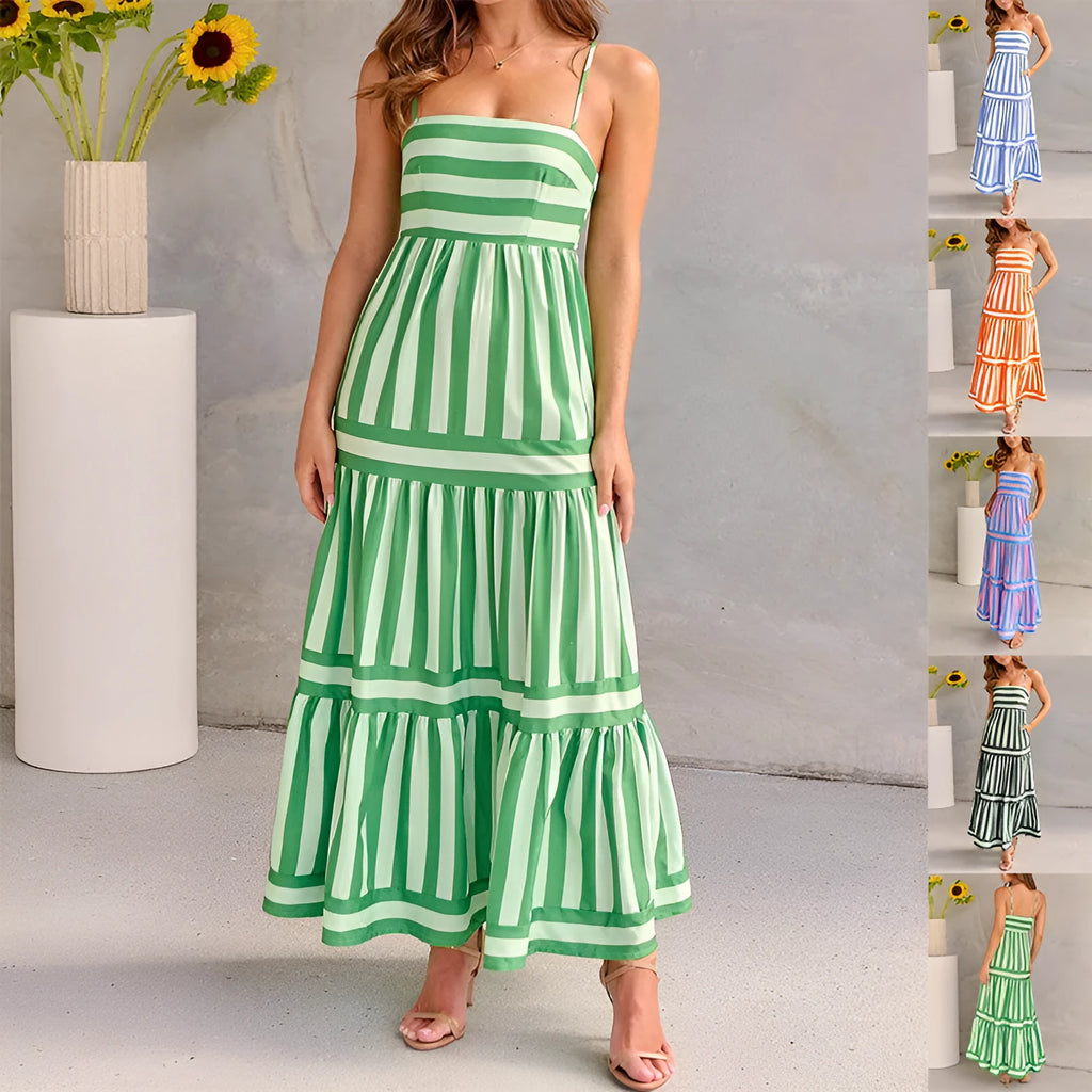 Women's striped backless summer dress with square neck, suspender straps, and side pockets.
