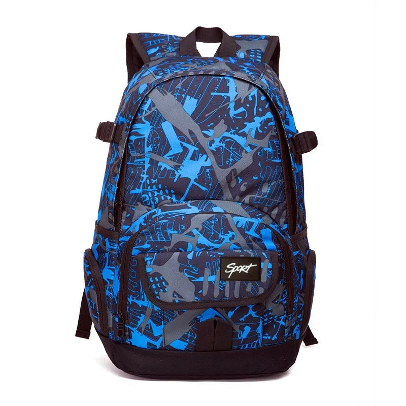 Blue and red versions of a classic nylon backpack with large main compartment and organisational pockets.