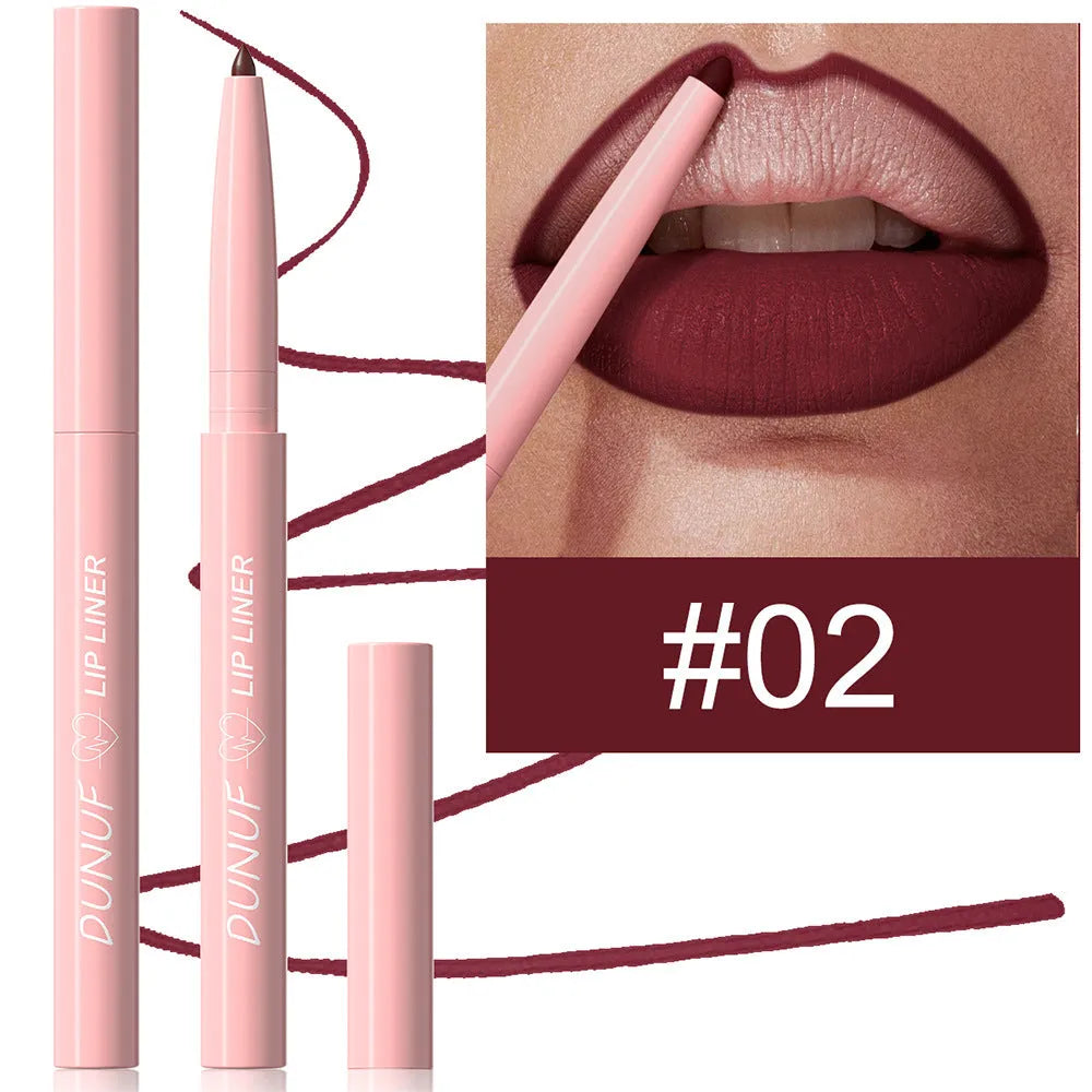 A single velvet matte lip liner pencil shown with a selection of its 12 different colour shades.