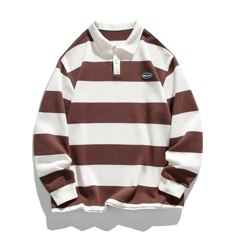A loose-fit, long-sleeved pearl cotton polo shirt in sapphire blue, wheat green, or coffee colour.