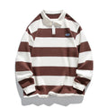 A loose-fit, long-sleeved pearl cotton polo shirt in sapphire blue, wheat green, or coffee colour.