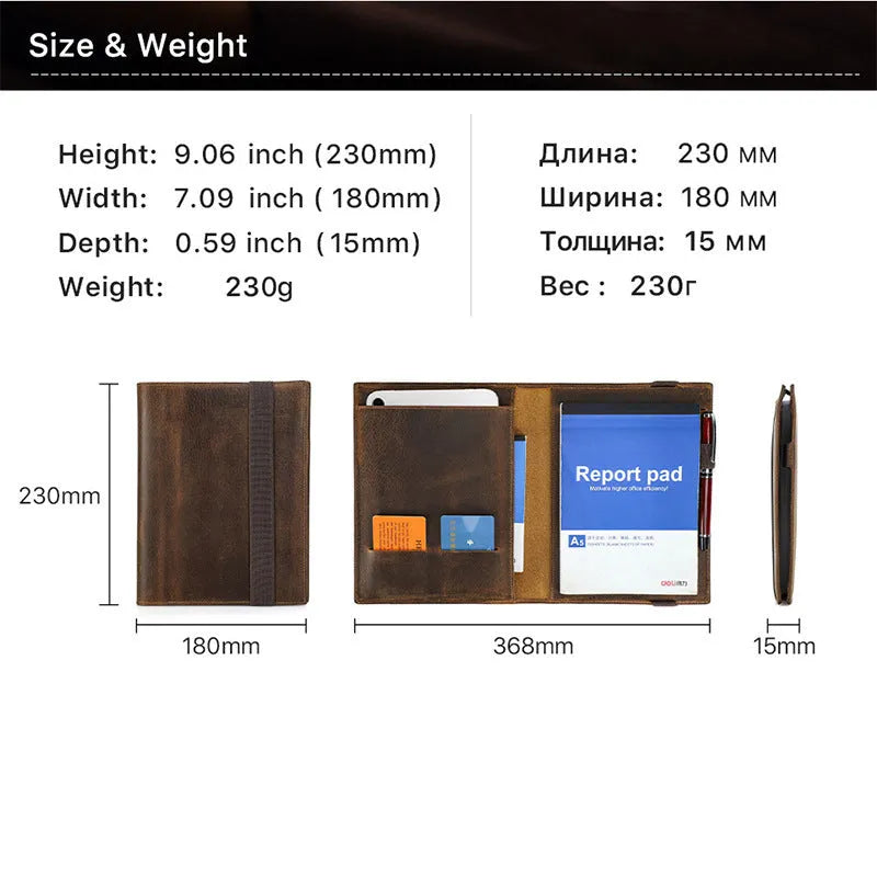 Brown Crazy Horse leather A5 notebook protective sleeve with socket fastening