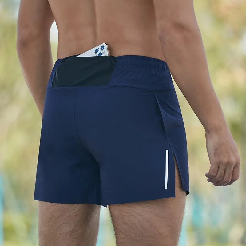 Men's red off-road running shorts with quick-dry fabric for marathon and cross-country running