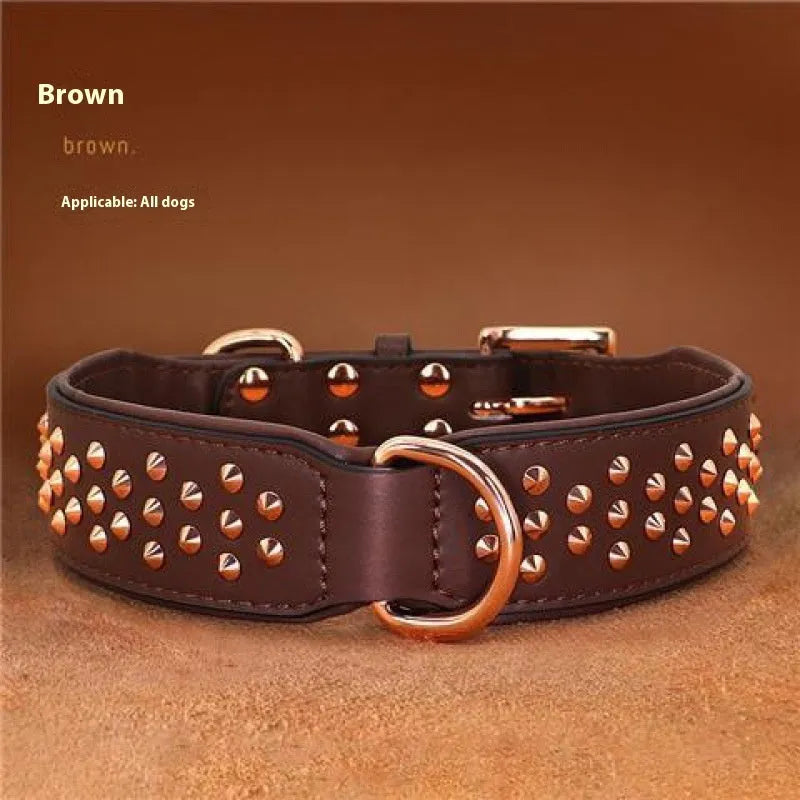 Leather dog collar with metal rivets in black, chocolate, and pink, shown in L and XL sizes.