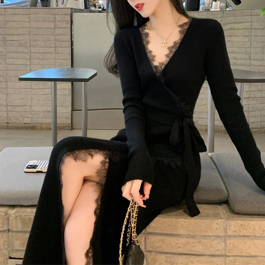 Women's slim fit black woolen skirt with princess dress styling