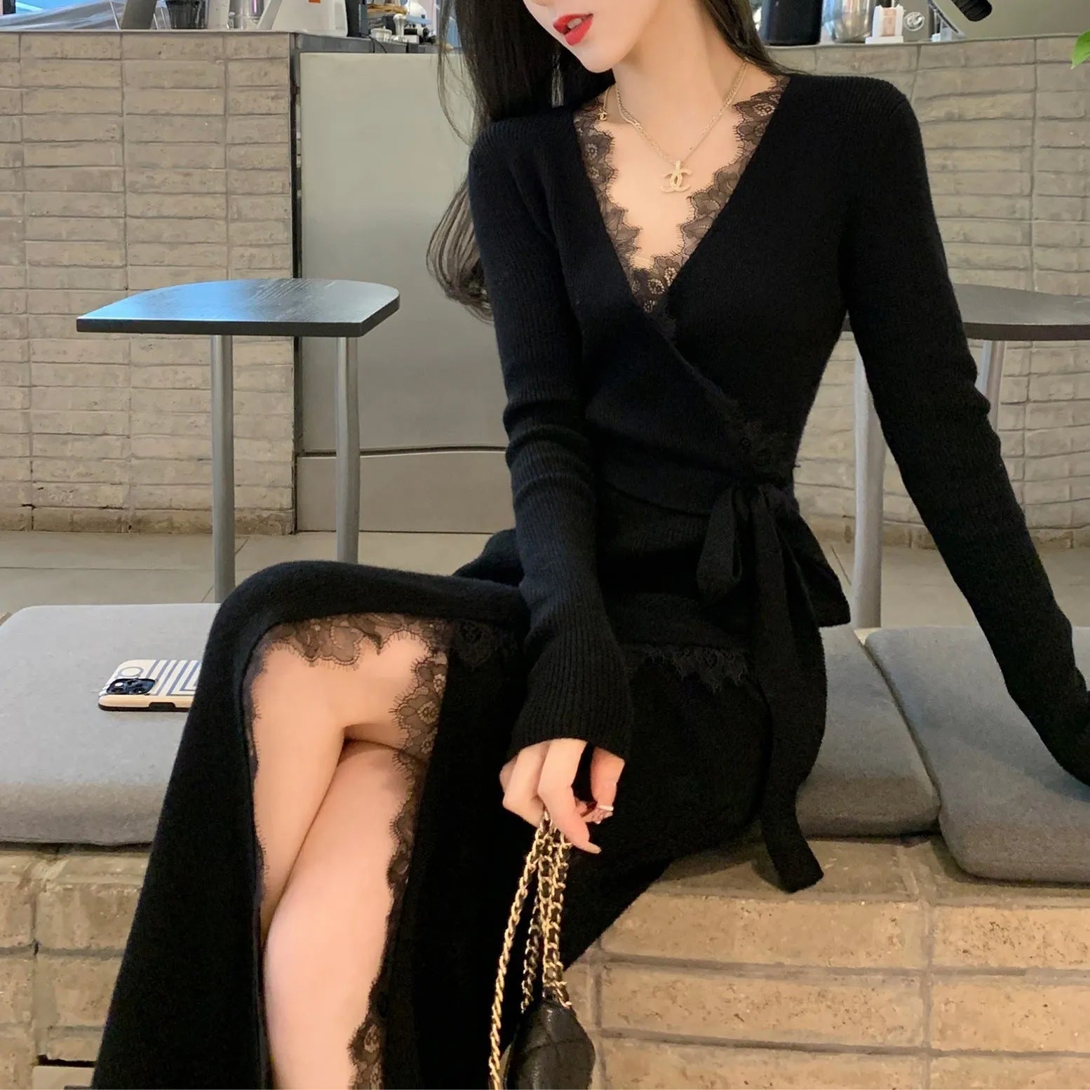 Women's slim fit black woolen skirt with princess dress styling