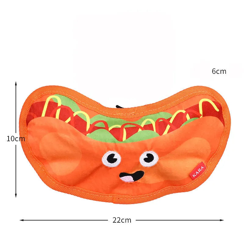 Hamburger-shaped dog toy with vivid colours featuring crinkle and squeaker sounds for interactive play