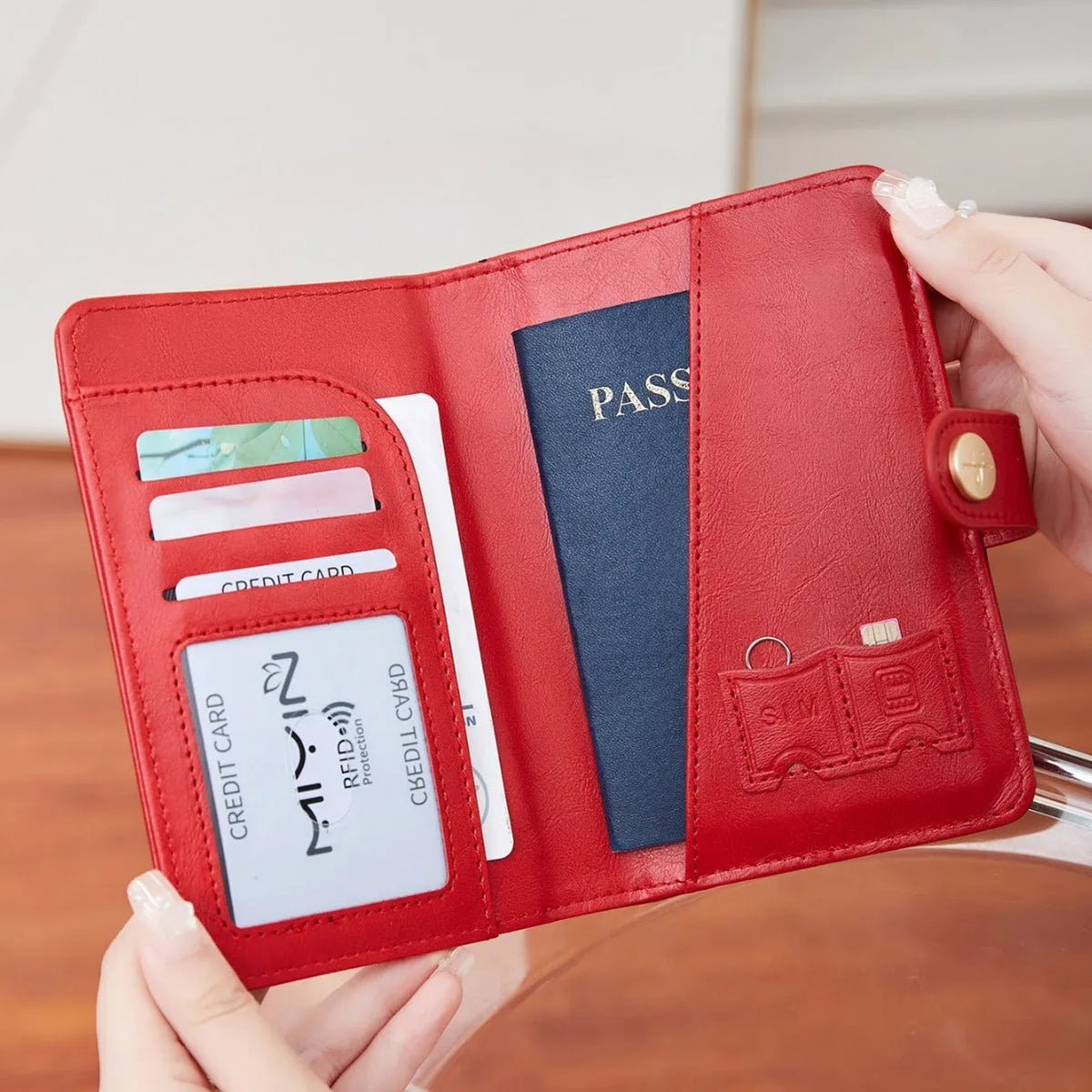 PU leather passport holder wallet with RFID blocking in multiple colour options showing compartments and sewing detail