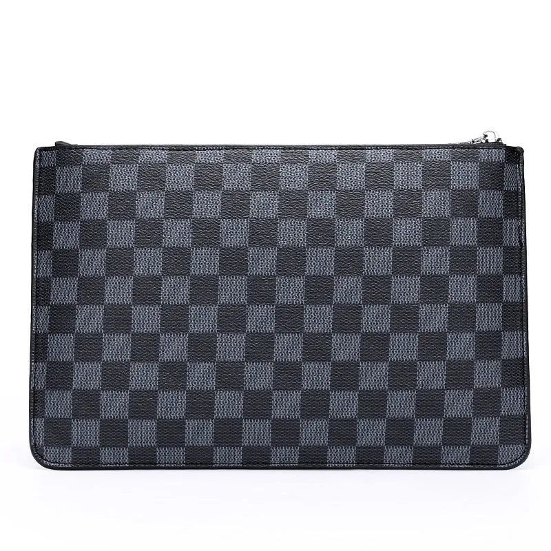 Men's soft PU leather plaid clutch wallet showing card slots and zipper pocket