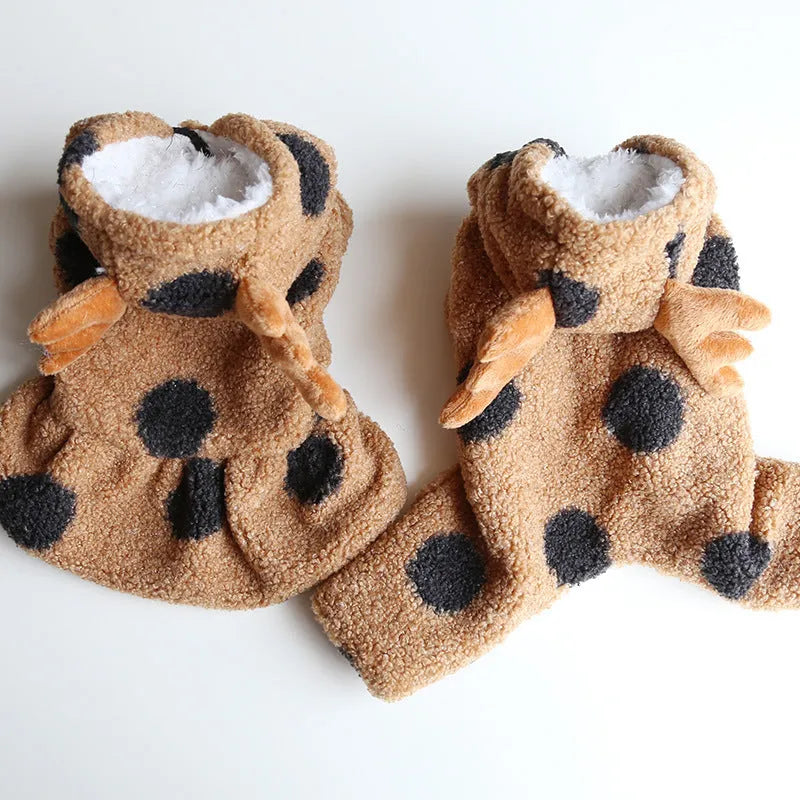 Big Polka Dot Elk Couple design pet clothing for dogs or cats in skirt and four-legged styles.