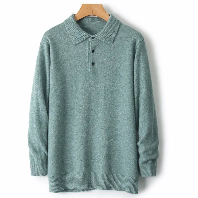 Men's woollen polo collar pullover sweater in a neutral colour showing long sleeves and textured collage stitching.