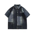 Blue Japanese-style retro washed stitching denim shirt for men with loose cardigan fit