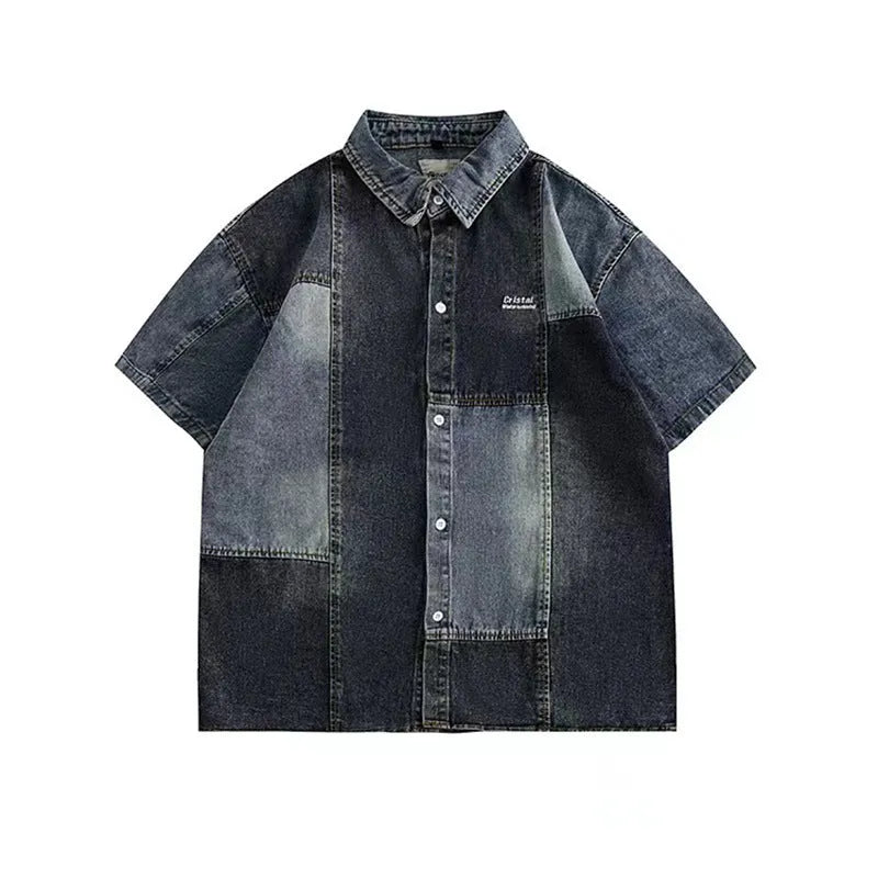 Blue Japanese-style retro washed stitching denim shirt for men with loose cardigan fit