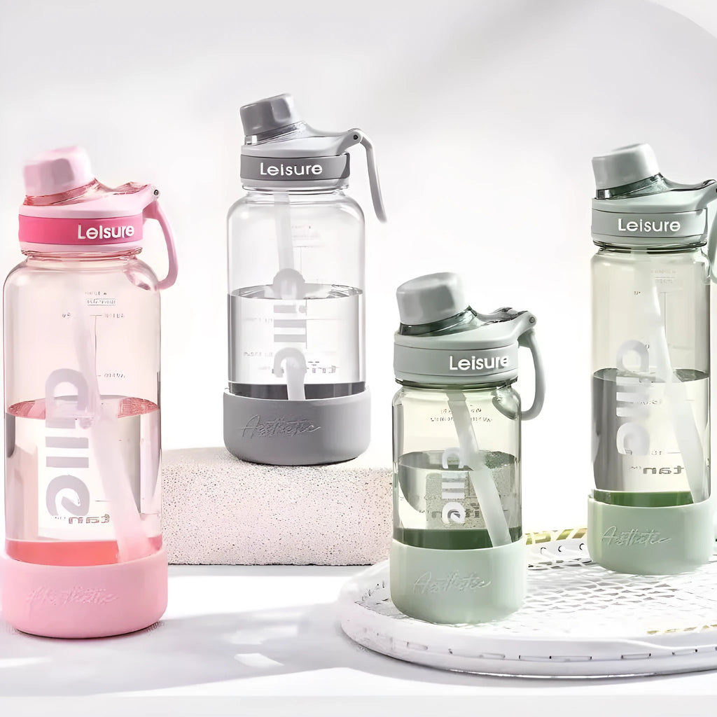 Grey, green, and pink plastic straw heat-resistant cups showing 520ml, 780ml, and 1000ml size options.