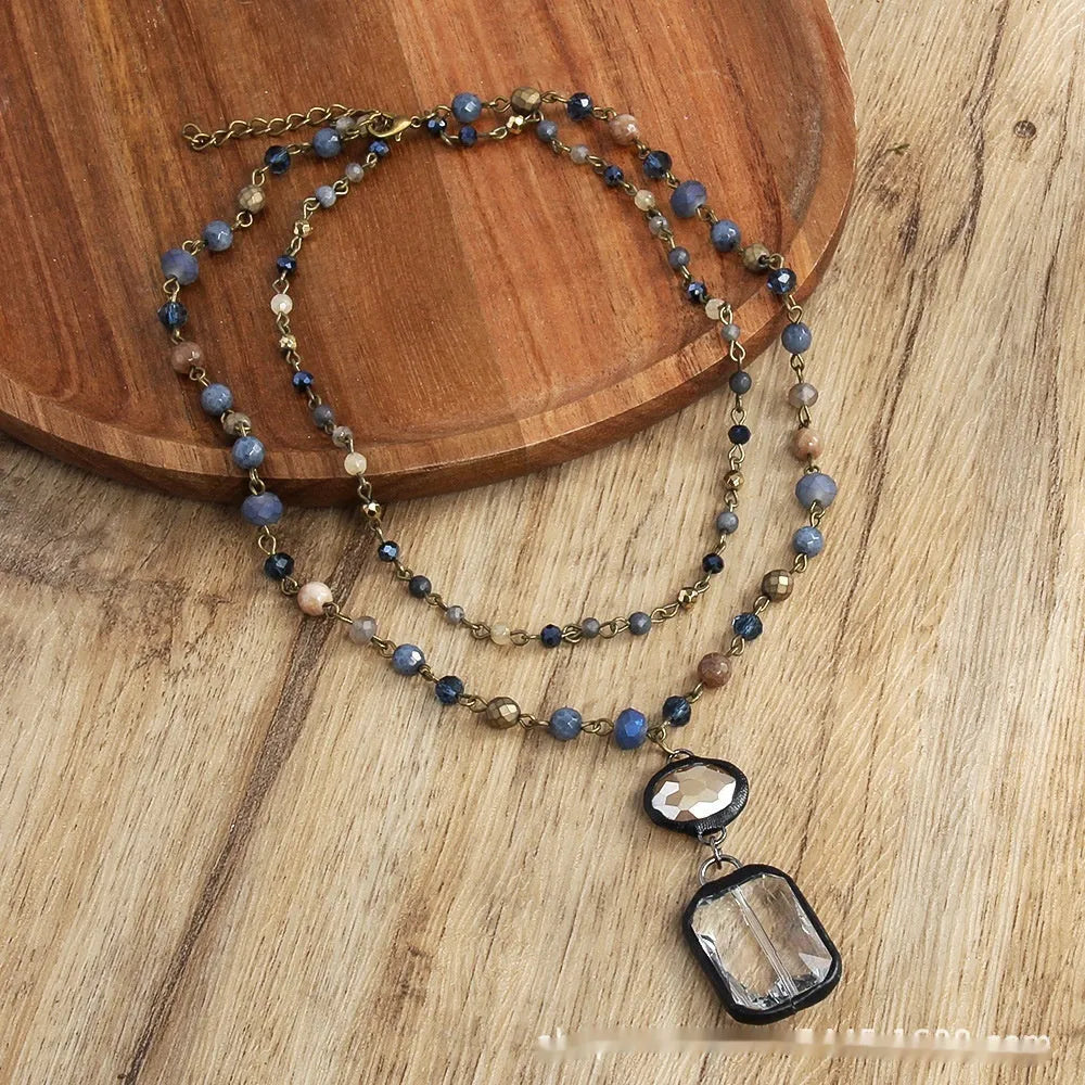Two-layer tribal necklace with glass pendant and adjustable 31-40cm chain in beige colour