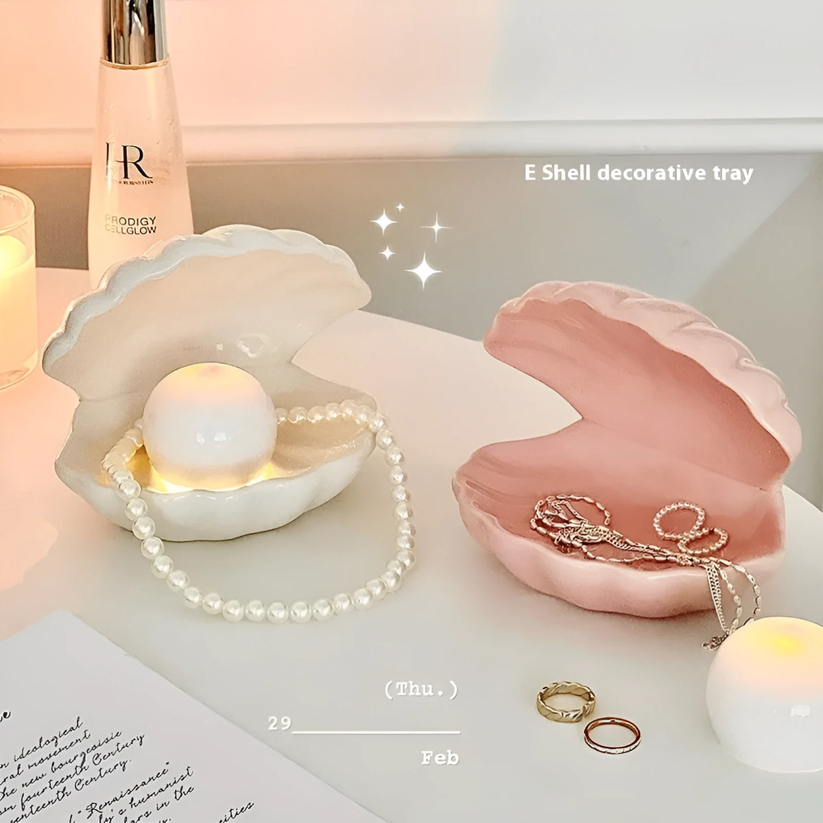 Yellow white porcelain decorative tray with optional small night light, pink and white shell options.