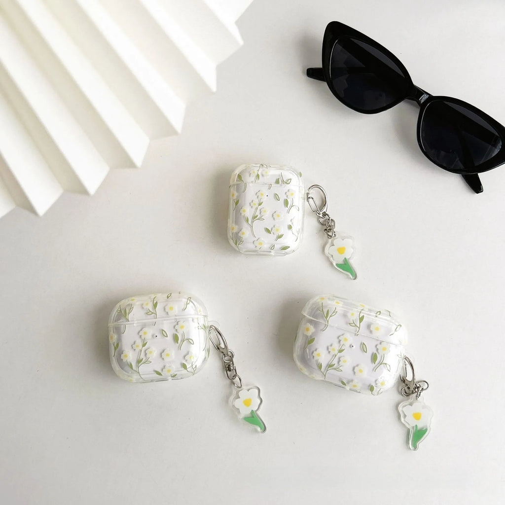 White floral pattern transparent TPU protective case for Apple AirPods showing soft shell design