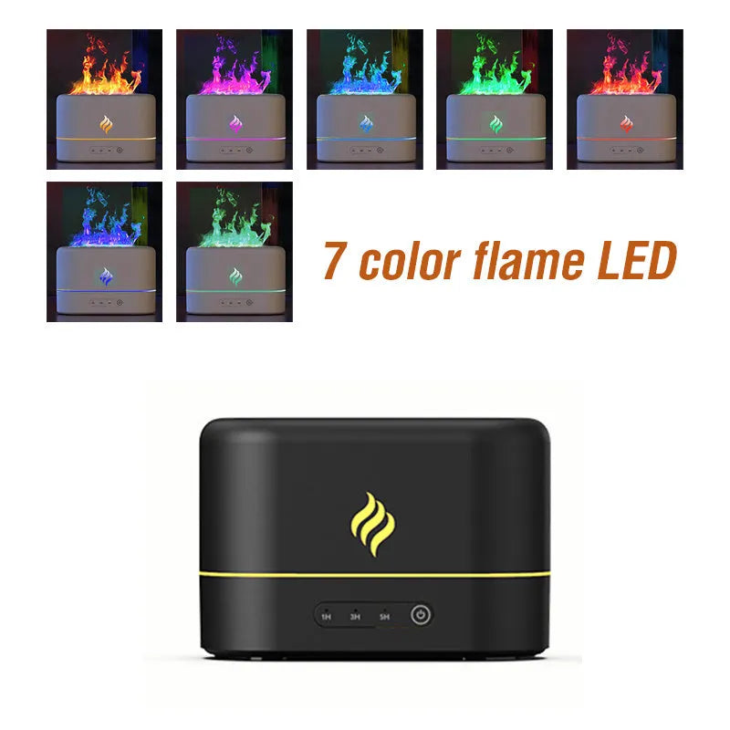 Black USB humidifier with seven-colour flame effect on wooden surface