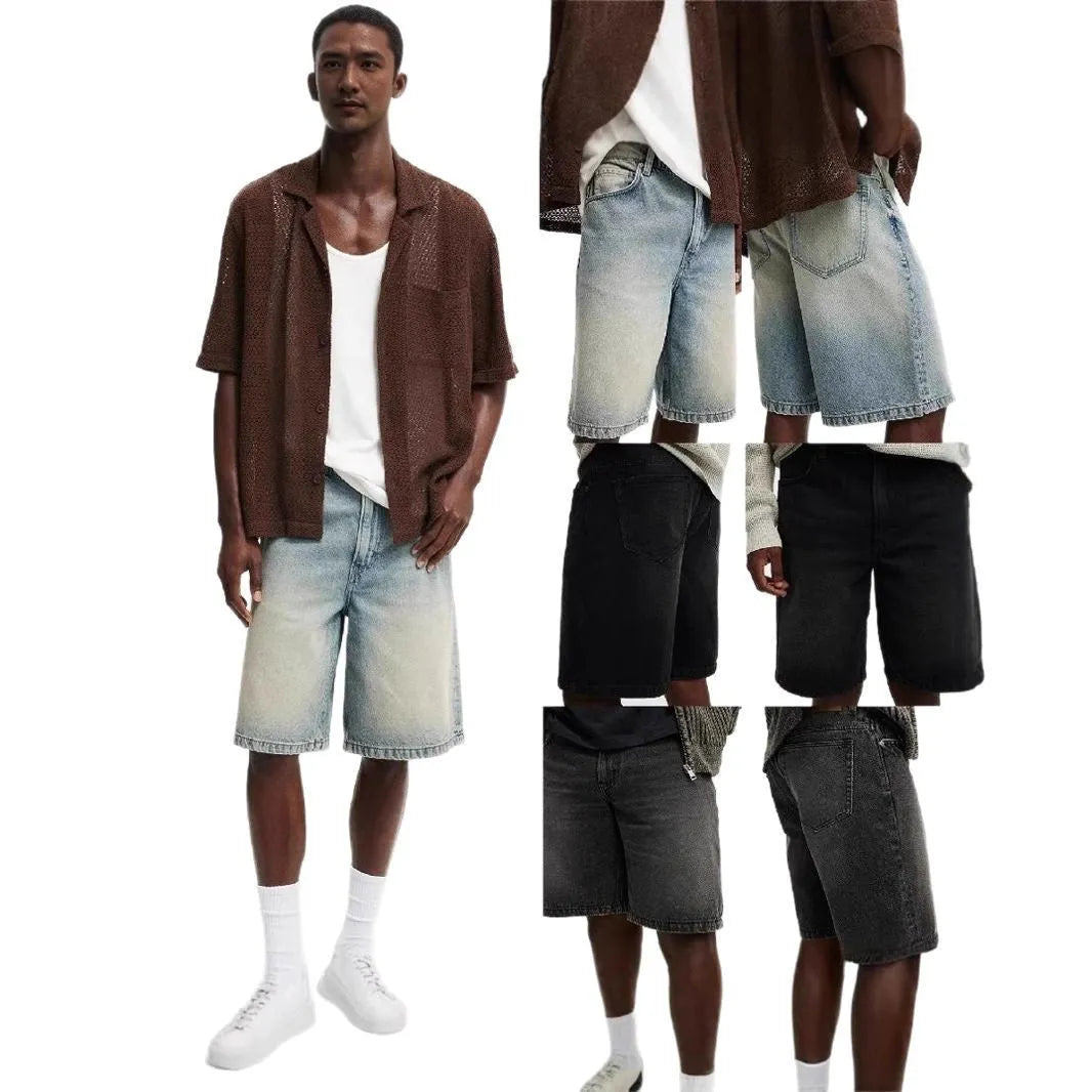 Men's loose fit straight leg jeans in light blue, black, and grey cotton denim