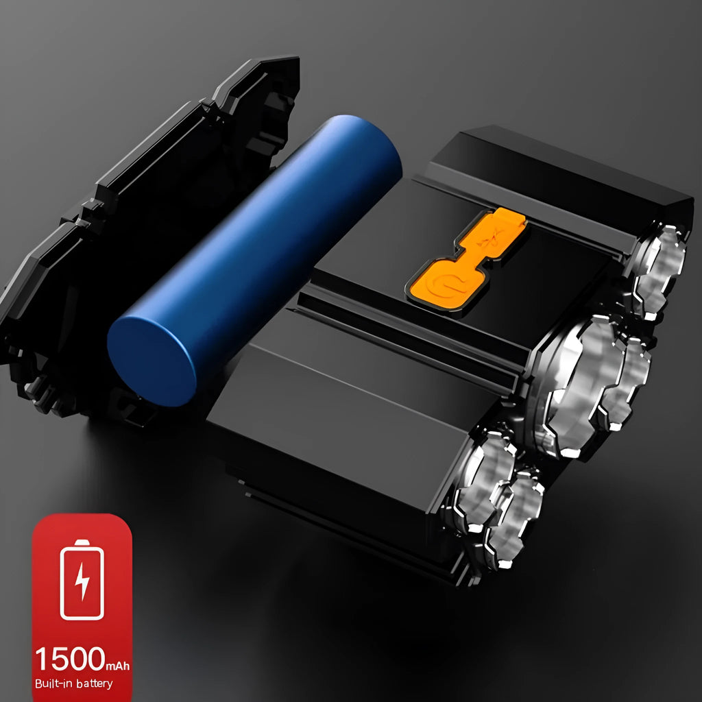 Head-mounted LED miner's lamp with adjustable strap, 10W LED light, and 2400mAh battery capacity