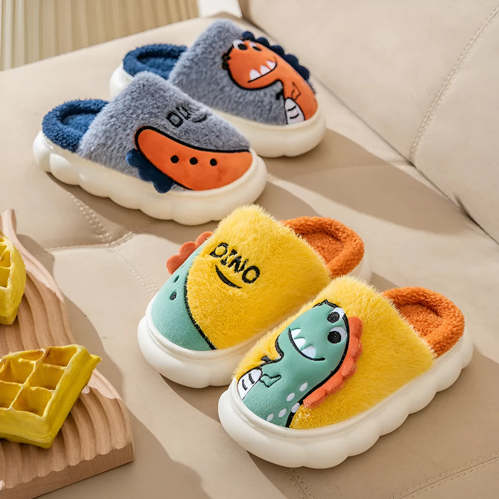 Pair of plush dinosaur-patterned slippers for couples, shown in grey, coffee, and orange colour options.
