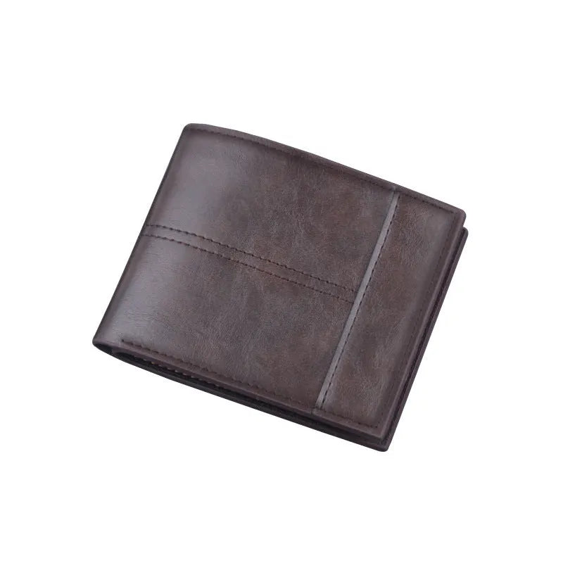 Men's short clip wallet in PU, 11.5 x 9.2 x 2cm, two-fold horizontal design, shown in black, dark brown and light brown