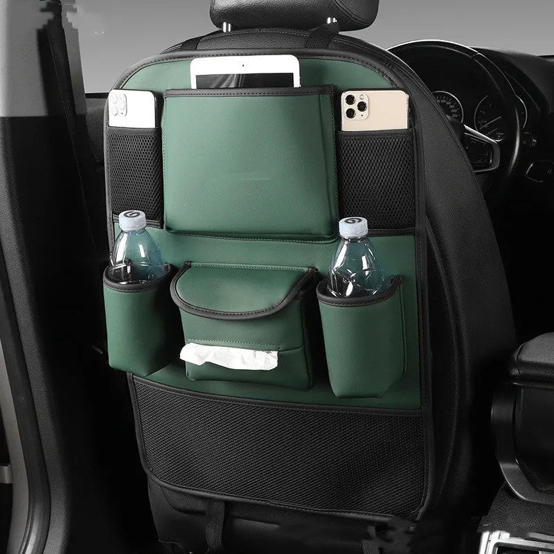 Leather car seat back storage bag in suspended design shown in available colours.