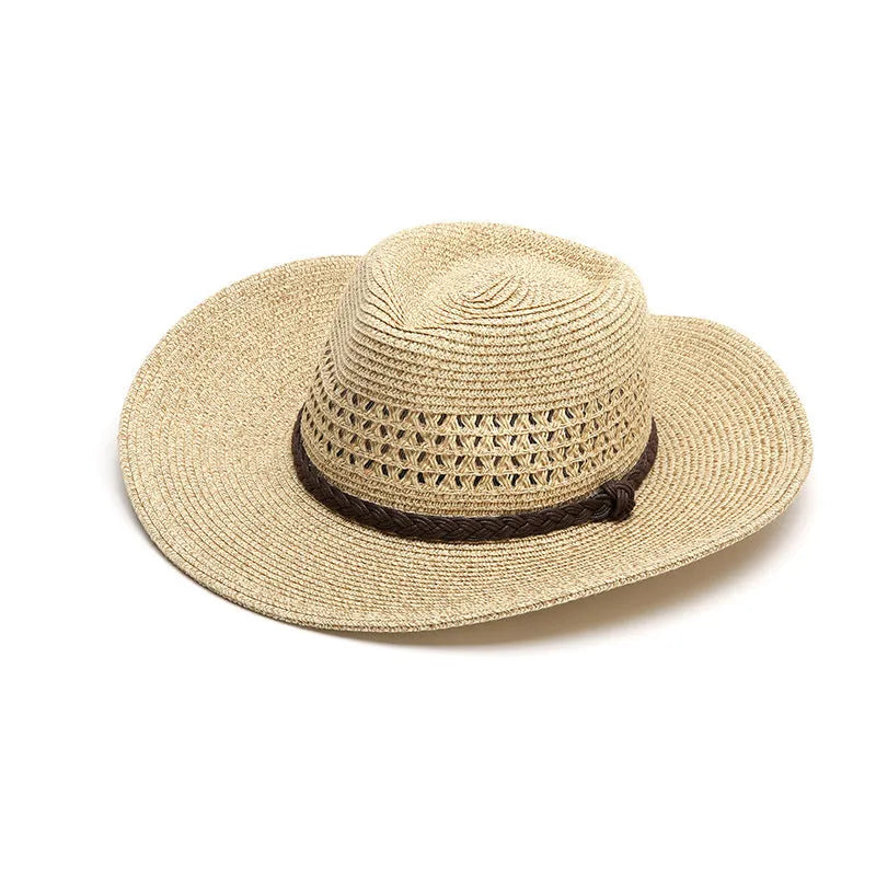 Men's foldable straw sun hat with a wide brim shown in mixed beige colour.
