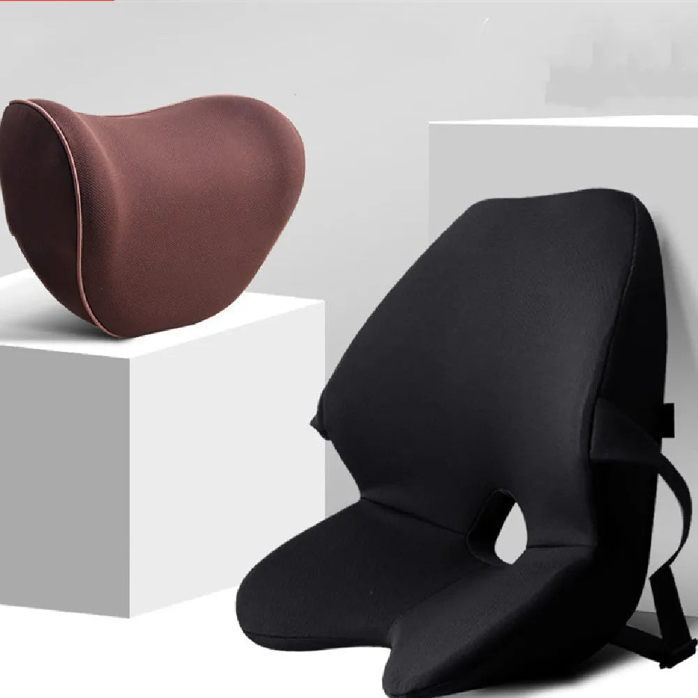 Car waist support pad with memory foam cushioning and adjustable straps shown in beige colour option