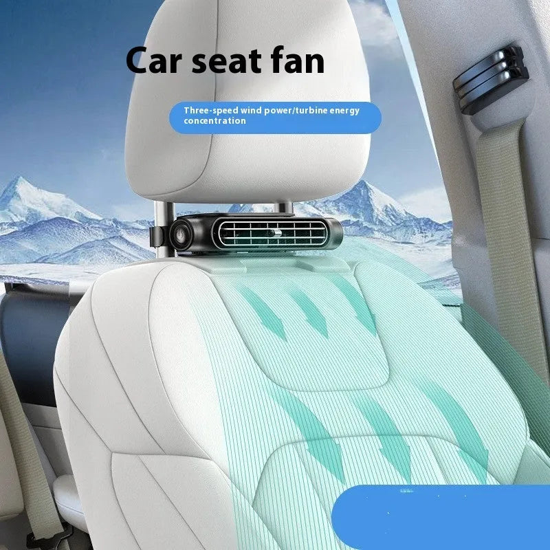 USB bladeless car fan with brushless motor on a car seat, showing Velcro mount and control button.