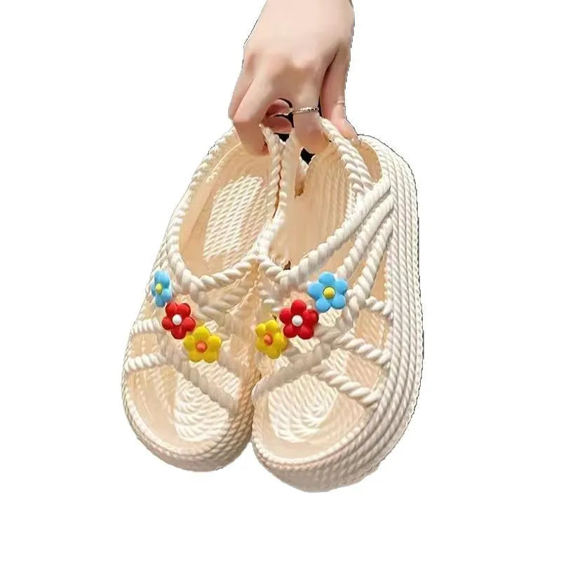 PVC flower sandals with round toe and non-slip sole in beige or black with sunflower design