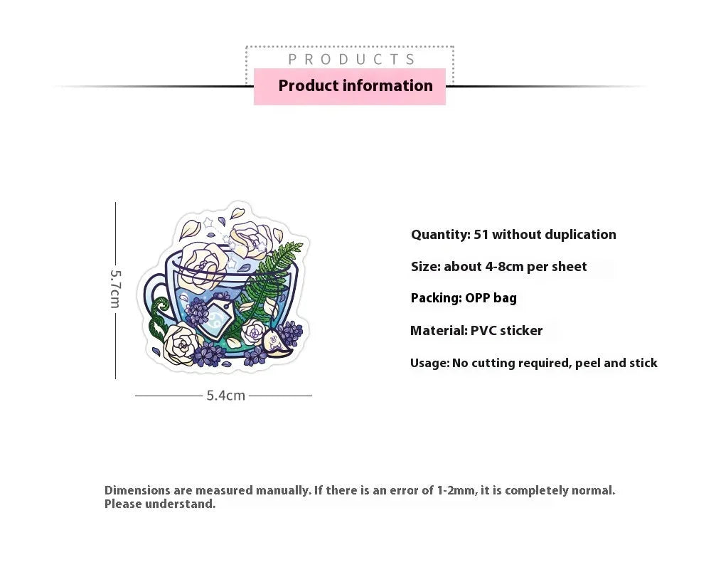 Pack of 50 colourful tea cup graffiti design waterproof stickers for DIY personalisation on scooters and luggage.