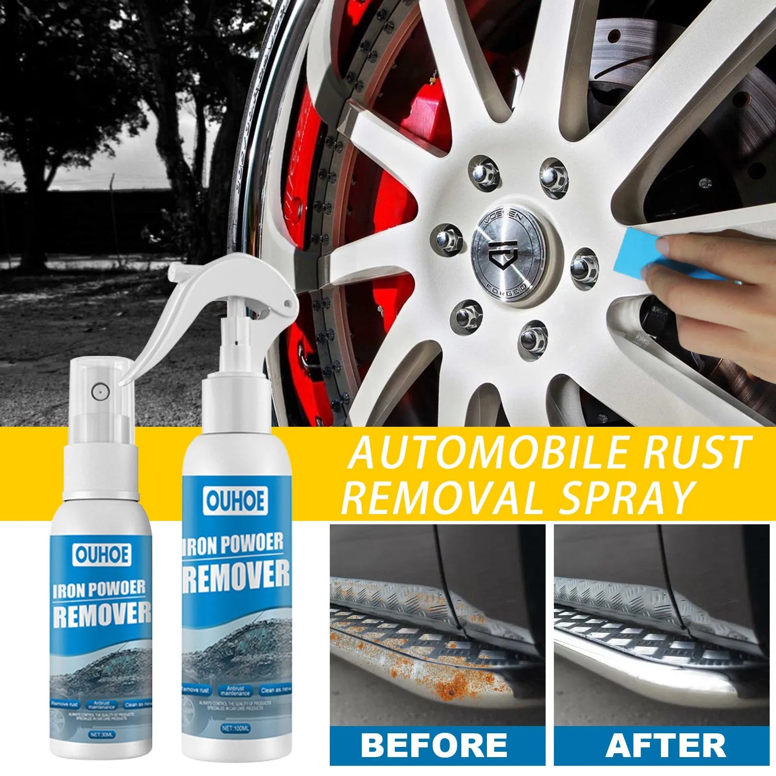 Automotive iron powder rust remover spray with blue sponge and towel accessories