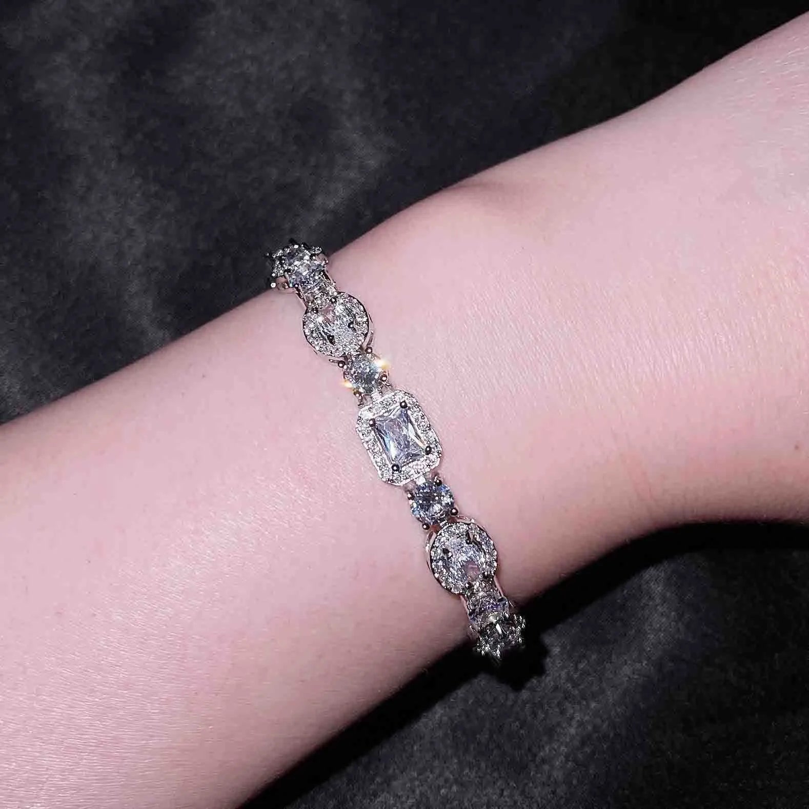 Women's geometric silver bracelet with zircon stones in two size options