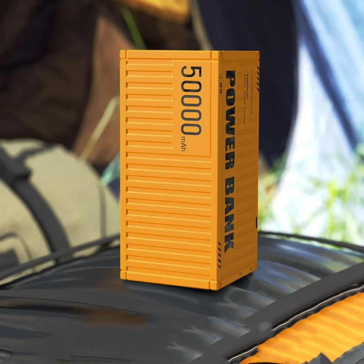 Yellow, black, and silver 50000mAh outdoor power bank with digital display and five output ports