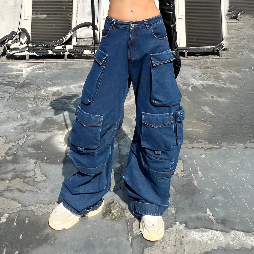 Dark blue distressed women's jeans with a high waist, wide legs, and multiple workwear-style pockets.