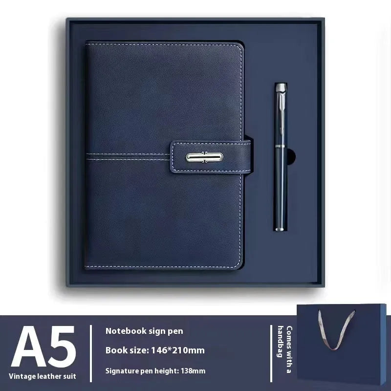 A5 notebook with PU leather cover shown in multiple colour options including black, red, green, blue, and orange.