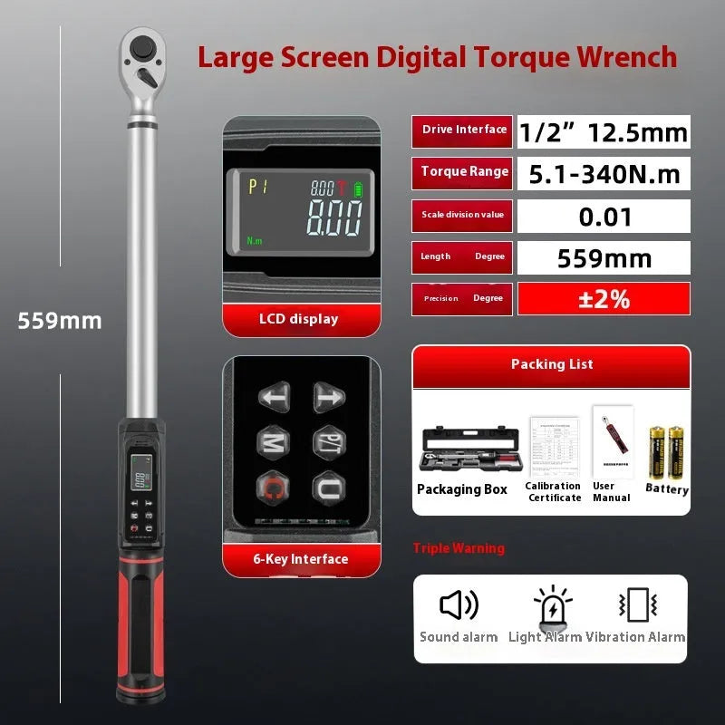 Electronic digital torque wrench body made of chrome-vanadium steel with display screen and 0.15-340N range capability