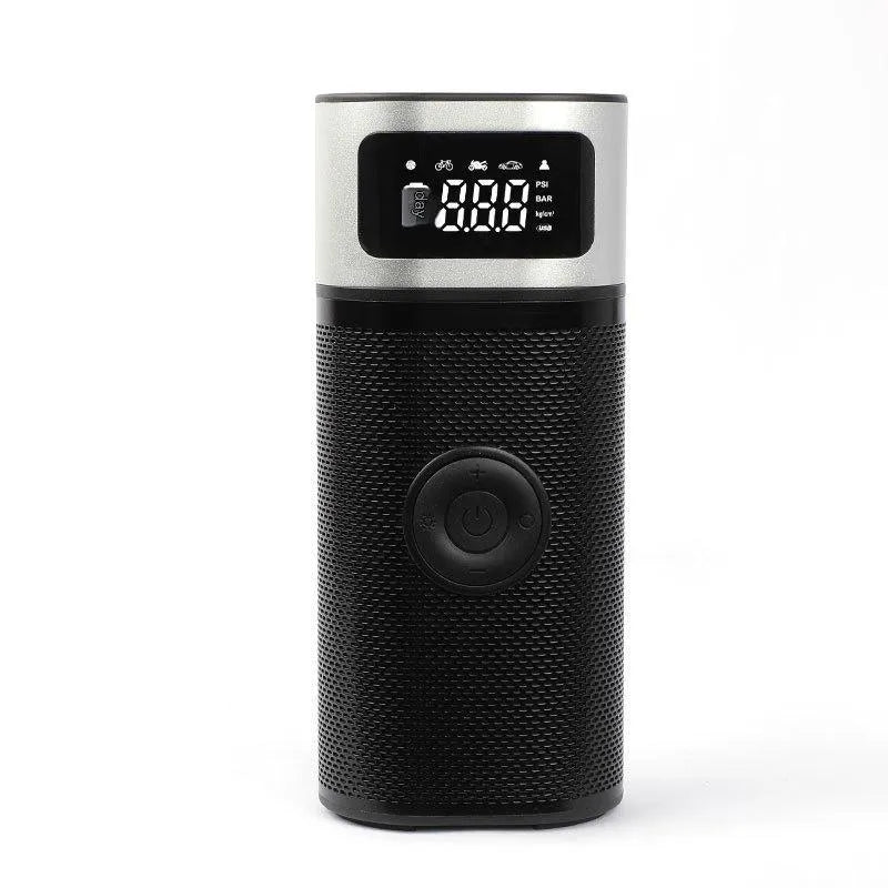 Black portable wireless air pump with 15cm tube, LED light, and multiple inflation nozzles
