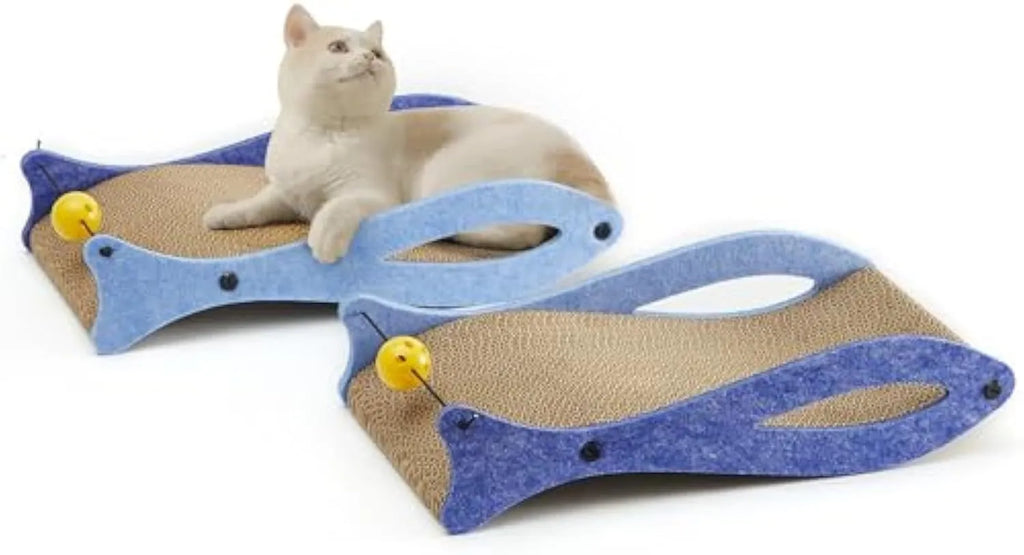 Blue fish-shaped cat scratcher pad with corrugated cardboard surface and integrated bell ball toy
