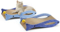 Blue fish-shaped cat scratcher pad with corrugated cardboard surface and integrated bell ball toy