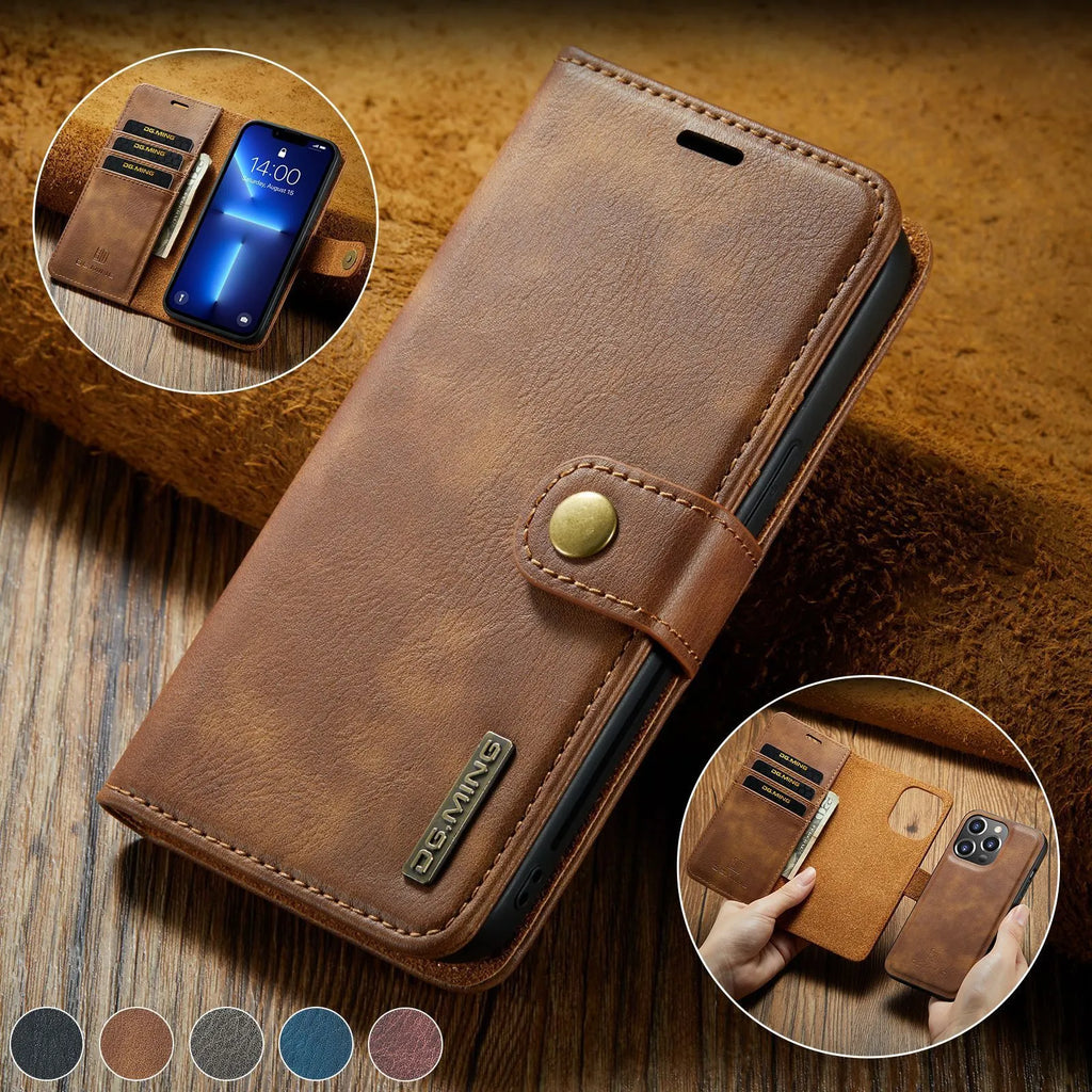 Split PU leather wallet iPhone case with card slots, detachable bottom shell, black brown grey red blue