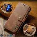 Split PU leather wallet iPhone case with card slots, detachable bottom shell, black brown grey red blue