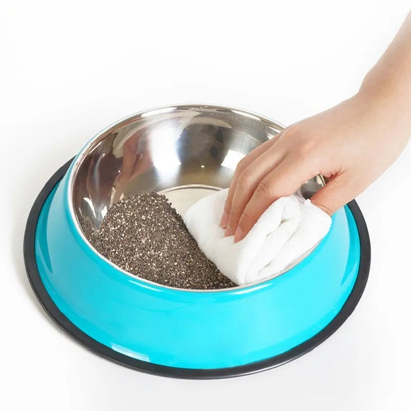 Stainless steel pet bowl with colourful melamine exterior and non-slip rubber base ring
