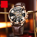 Men's automatic mechanical watch with skeleton dial showing visible movement through transparent case back