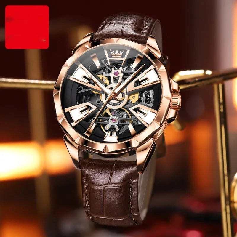Men's automatic mechanical watch with skeleton dial showing visible movement through transparent case back
